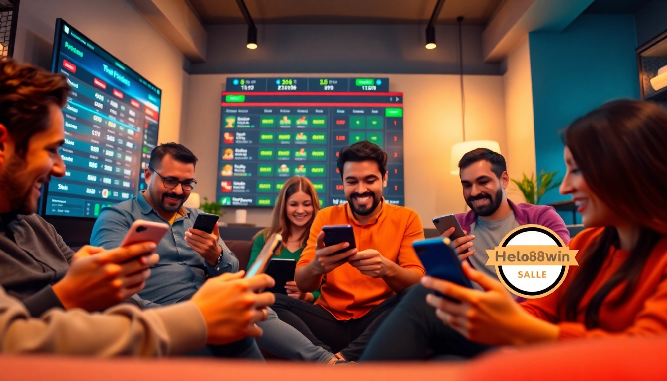 An engaging scene showcasing diverse users interacting with the website hello88win.live on their devices, emphasizing a vibrant online betting experience.
