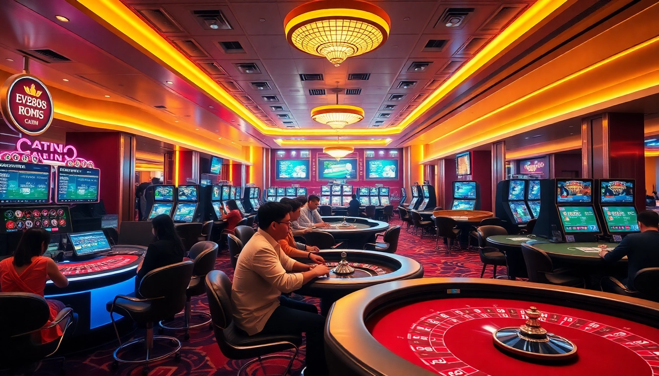 Experience the excitement of ev88win.live's modern online casino environment with vibrant gaming tables and engaged players.