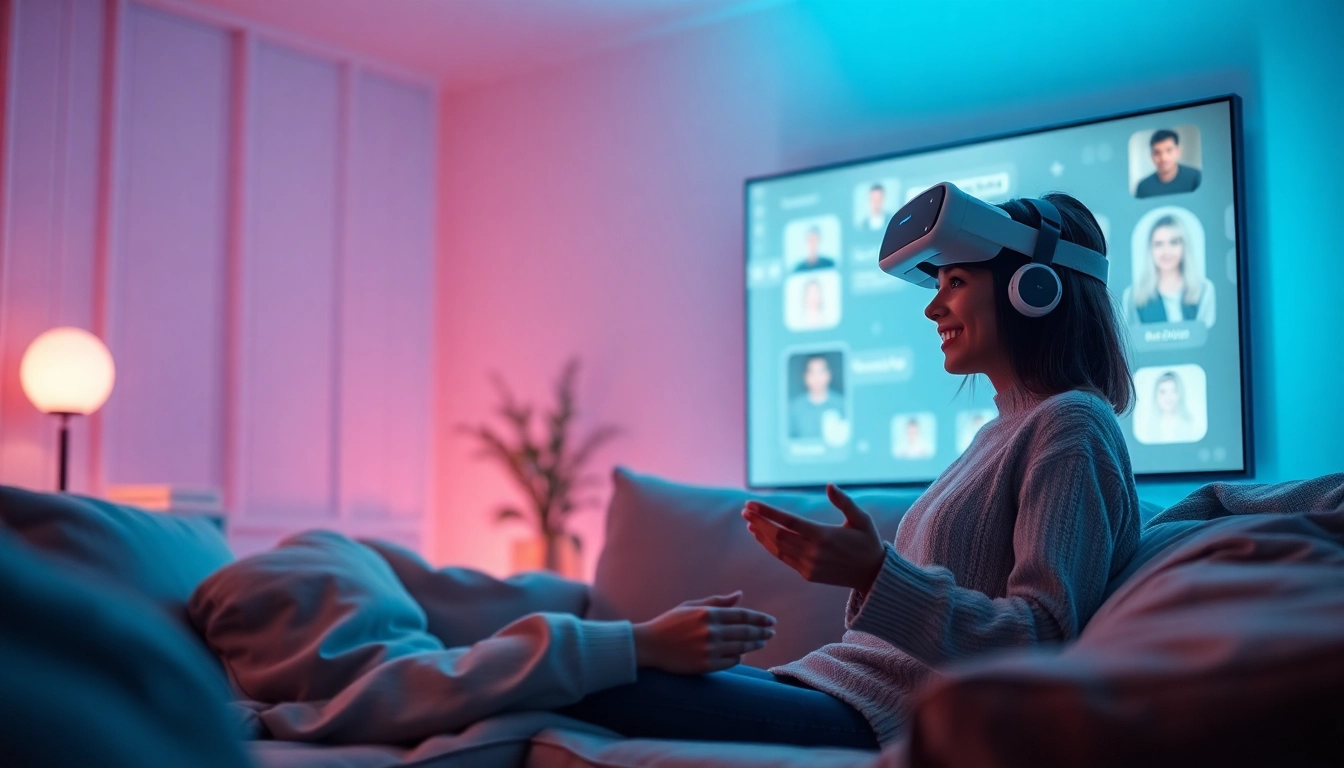 Engaging scene of a person chatting with their girlfriend AI in a cozy virtual reality room.