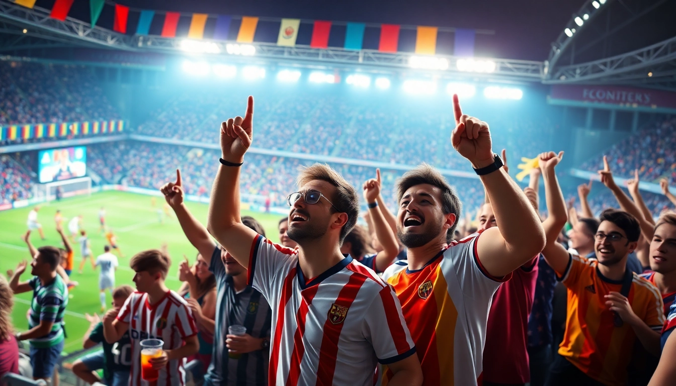 Excited fans celebrate football matches at joemadfan.com, showcasing team spirit and vibrant stadium atmosphere.