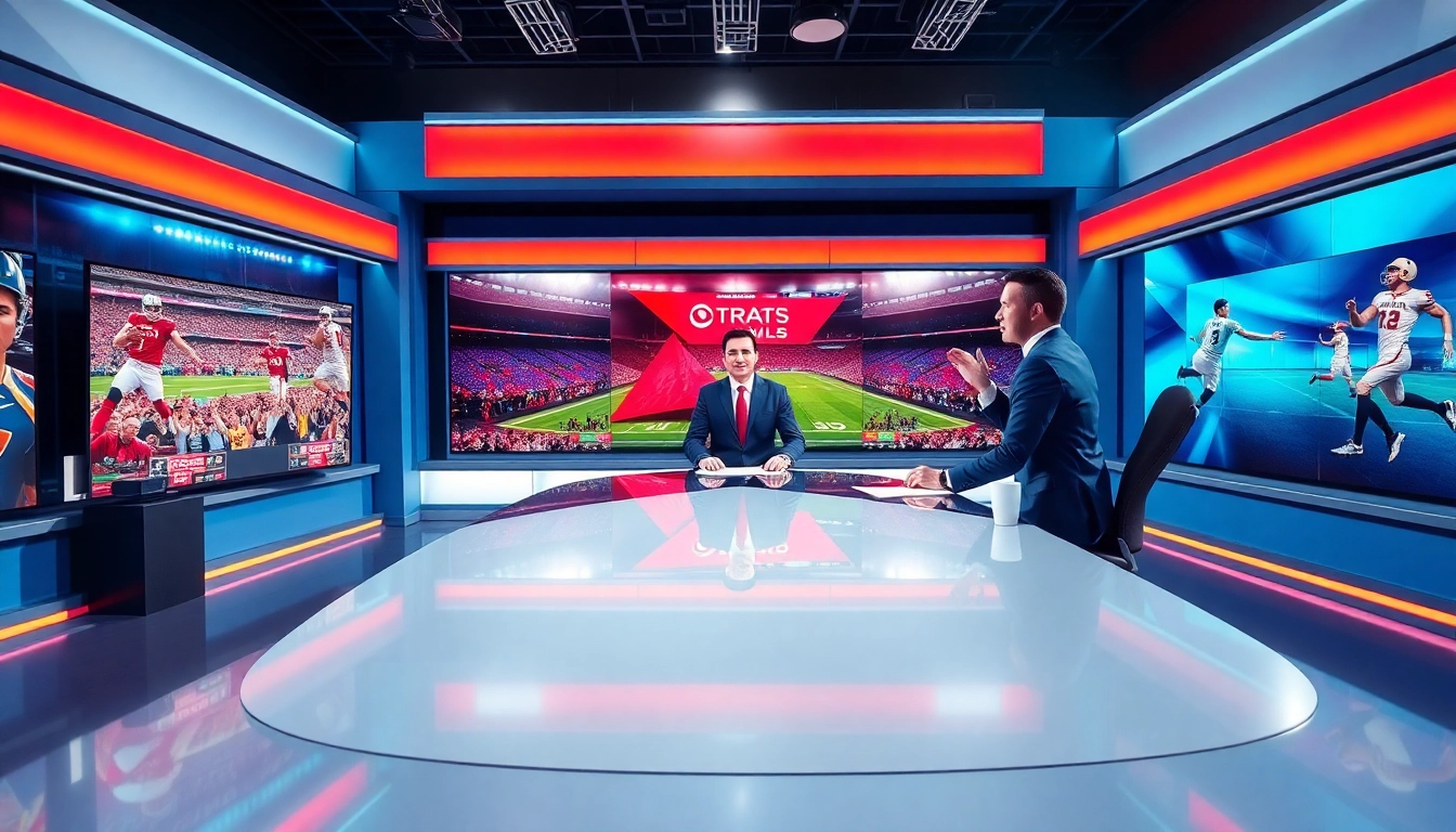 Live sports broadcasting scene with a dynamic anchor and vibrant graphics enhancing viewer engagement.