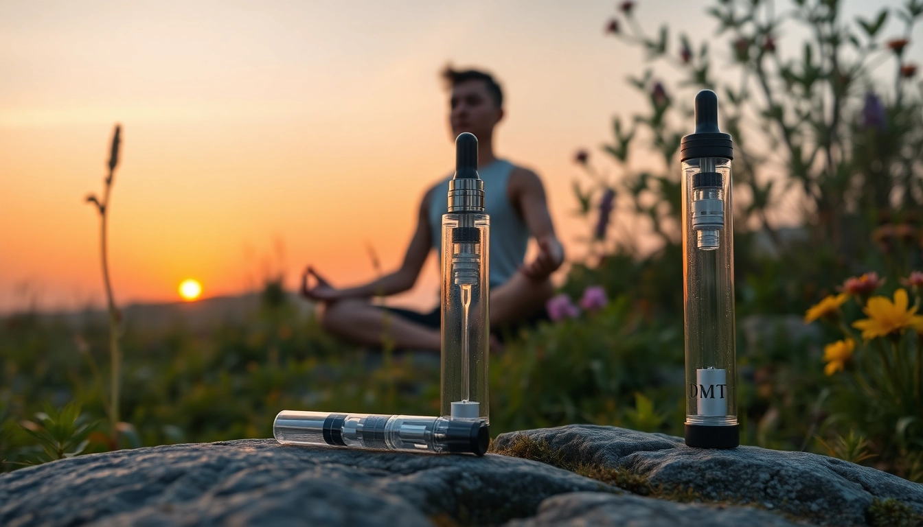 Find where to buy dmt with a tranquil scene featuring a DMT vape pen.