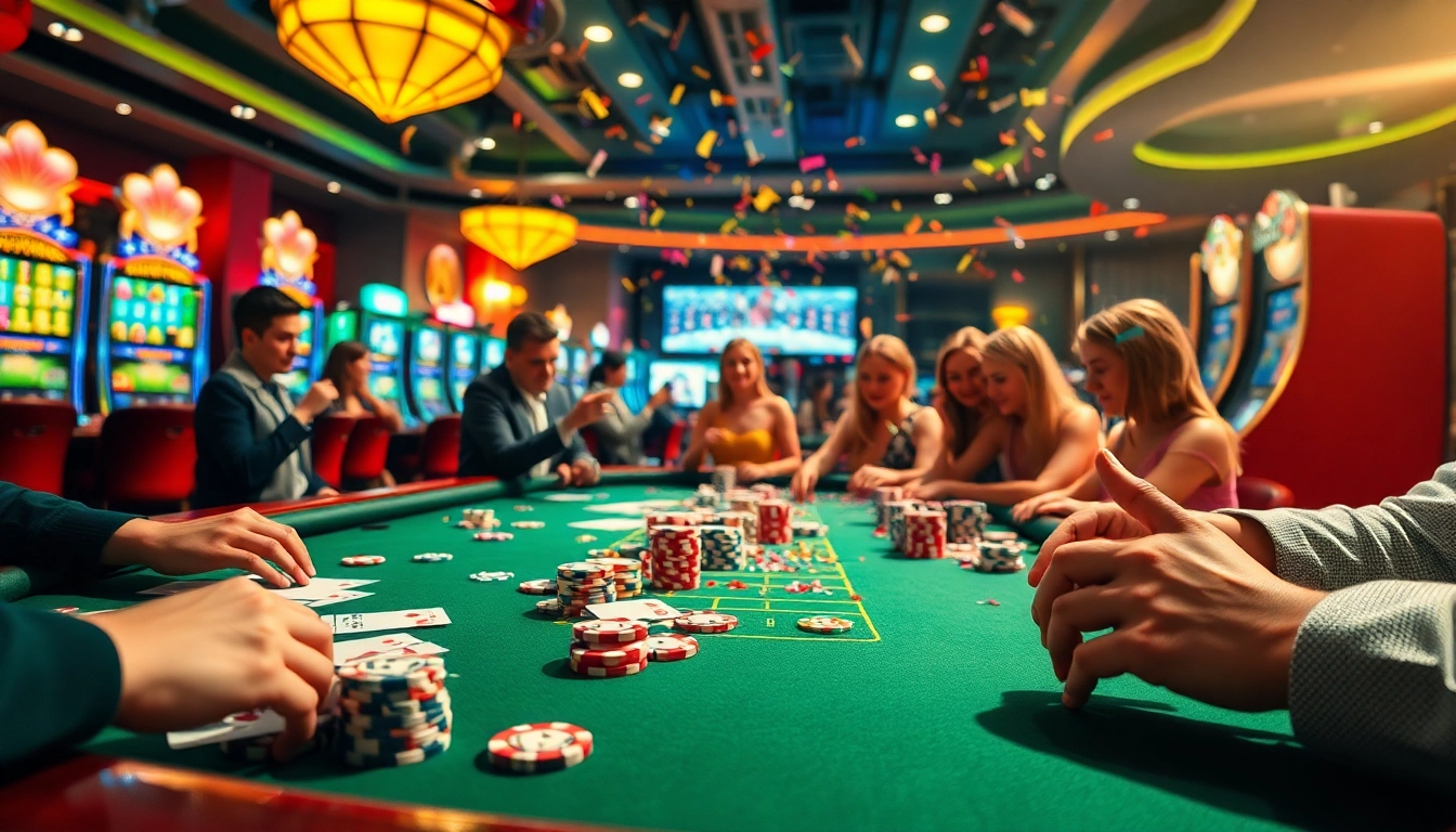 Excited players winning big at CM88 nhà cái online casino, celebrating at a luxurious gaming table with chips and cards.