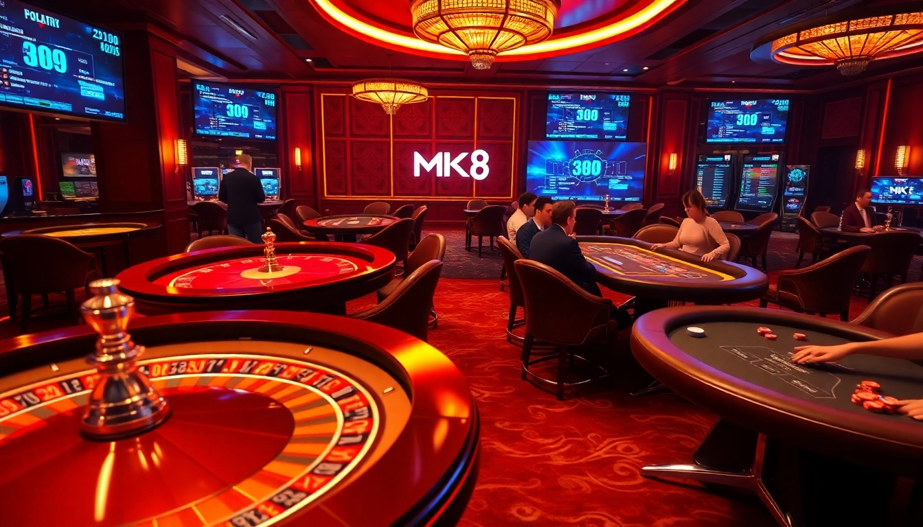 Experience high-stakes gaming with MK8 at a luxurious casino, showcasing players in action.