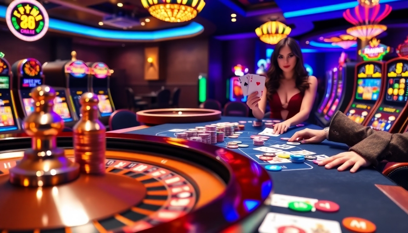 Experience the thrill of winning at https://lc88.bio/ with a vibrant casino setting featuring poker and roulette.