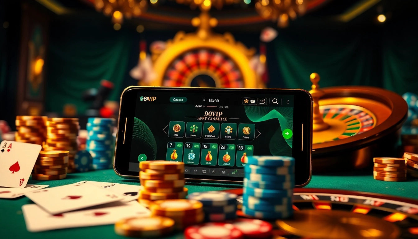 Engaging in Tải App Nhà Cái 68VIP experience with a vibrant casino backdrop showcasing online gaming elements.