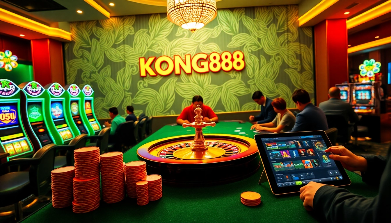 KONG88 gaming scene with poker chips and roulette wheel, embodying luxury and excitement.