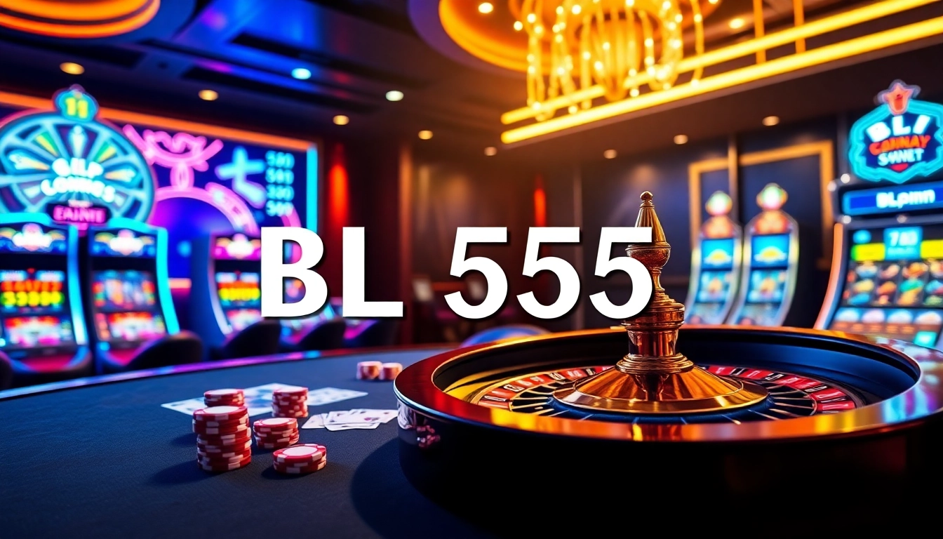 BL555 casino table with poker chips and vibrant online gaming interface.