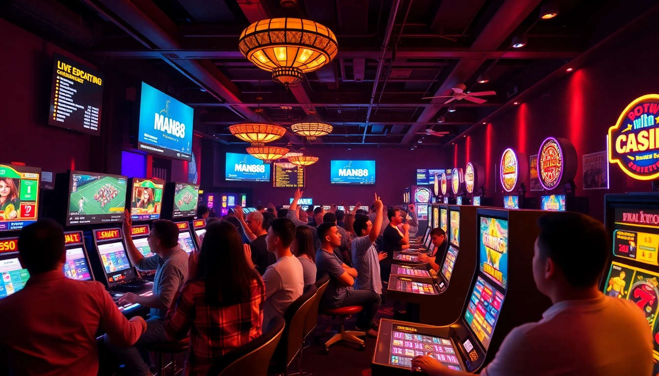 Man88 casino scene featuring players engaged in thrilling gambling activities with excitement and vibrant atmosphere.