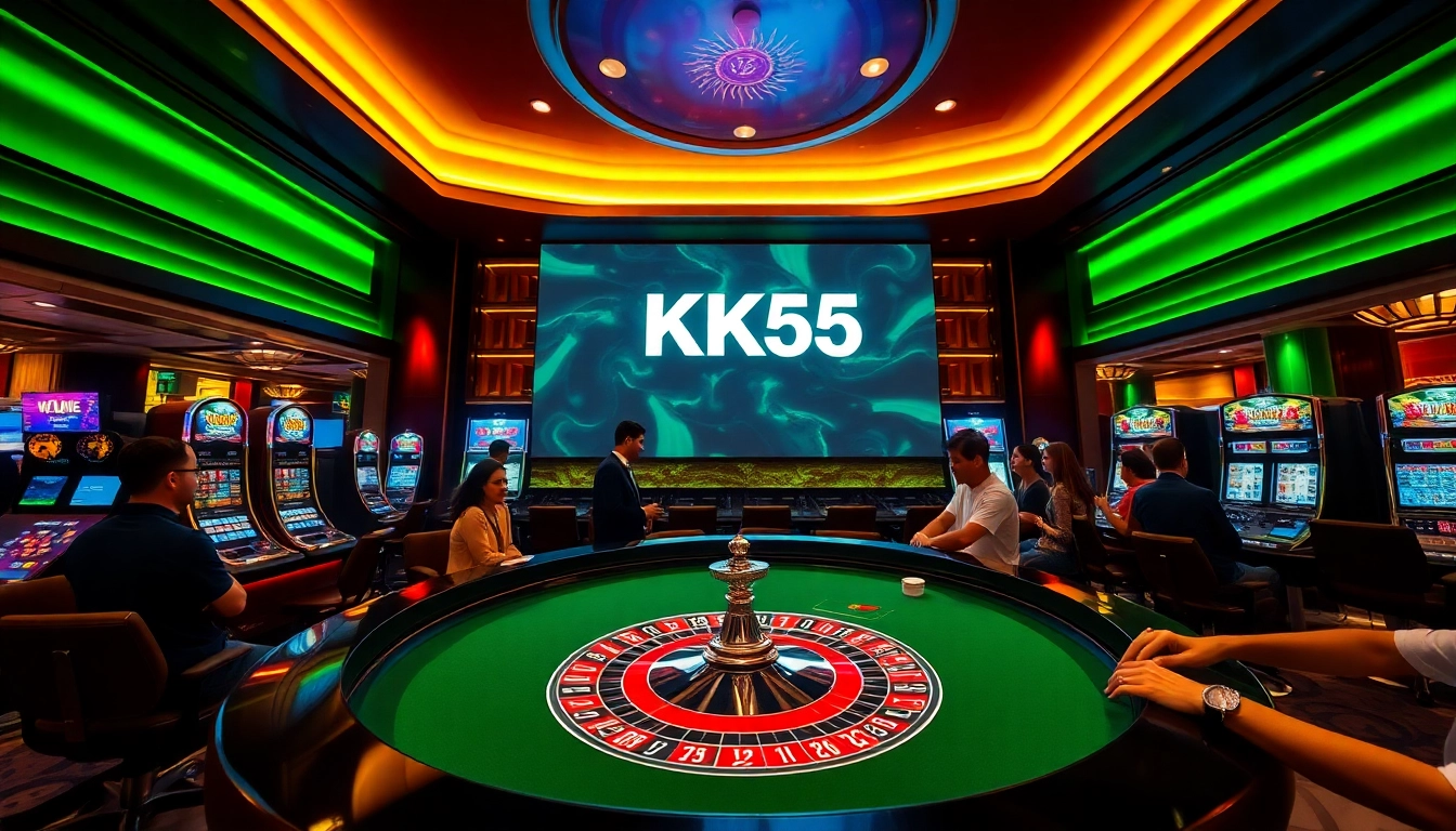 Experience high-stakes gaming at KK55's luxurious casino with poker chips and roulette tables.