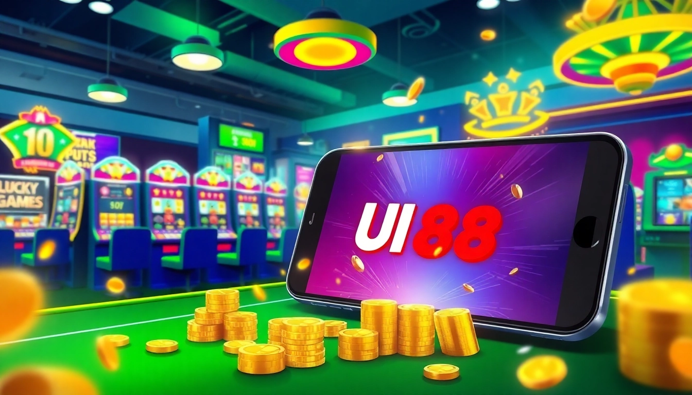 Engaging online gambling scene featuring UU88 logo, vibrant slot machines, and a user-friendly gaming interface.