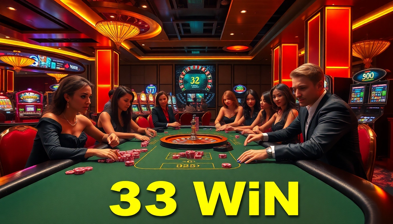 Exciting casino scene highlighting poker players and dynamic betting actions featuring 33 win concepts.