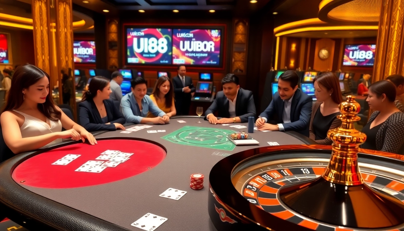 Engage in thrilling gameplay at UU88.COM with vibrant casino tables, cards, and slot machines.