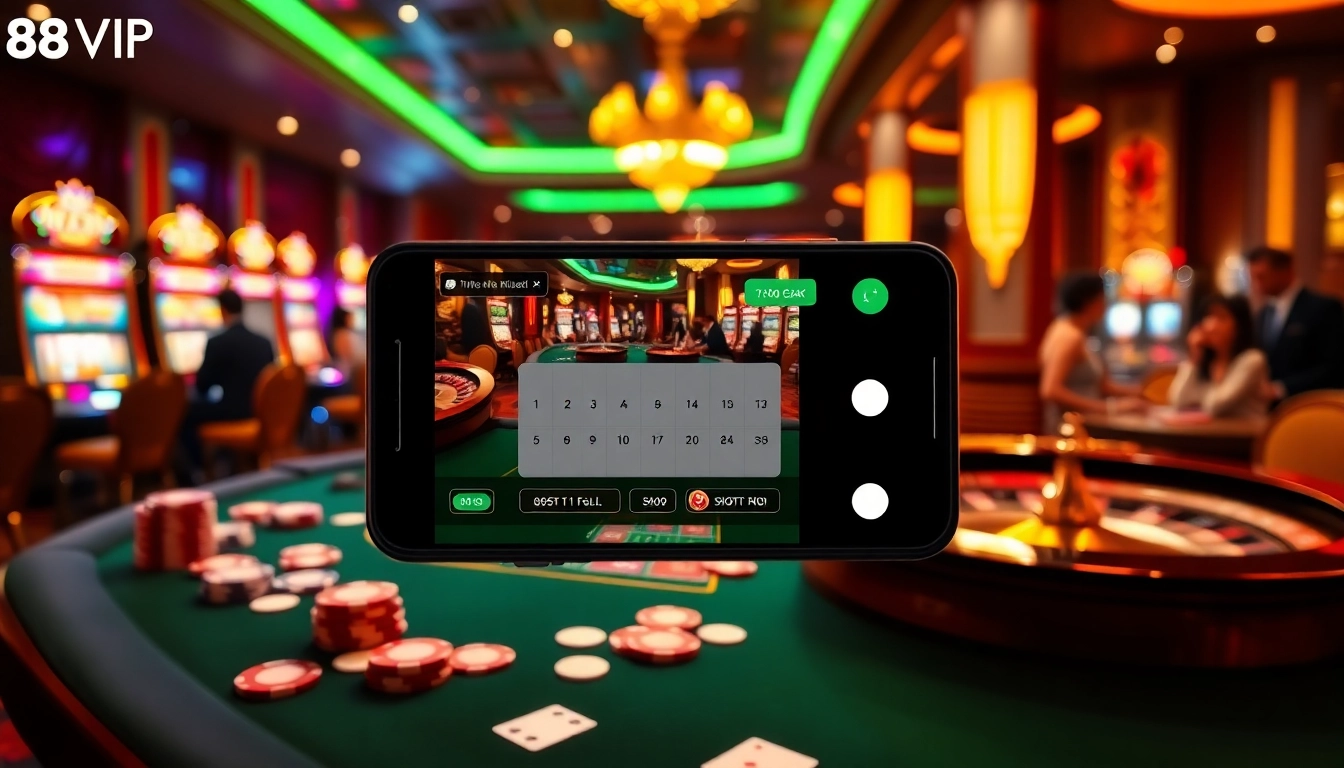Tải App Nhà Cái 68VIP interface shown on a smartphone amidst a luxurious casino environment with vibrant gaming elements.