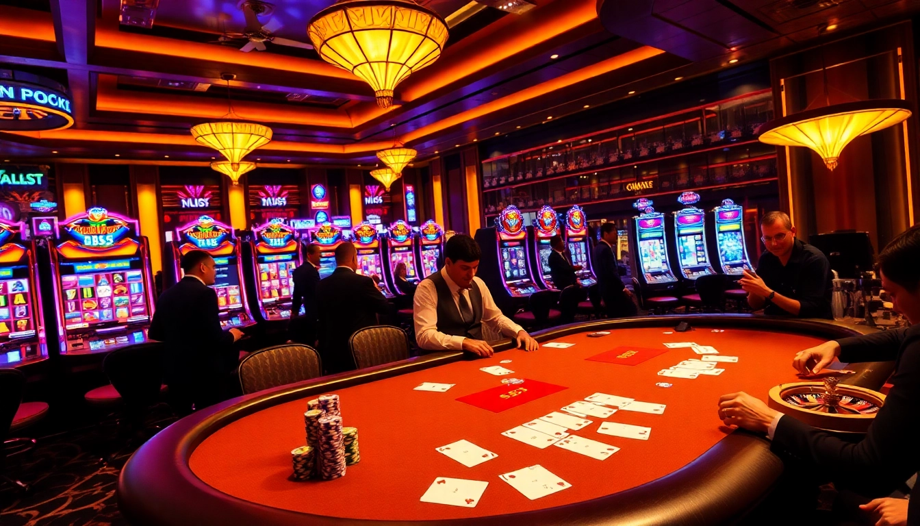 Players strategizing at the B52 poker table, surrounded by vibrant casino elements.